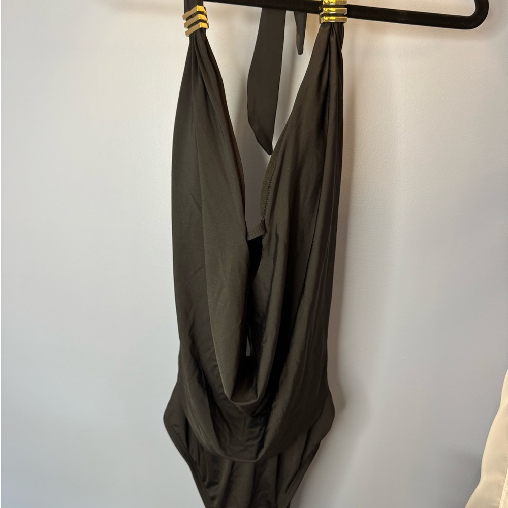 Bar III Black and Gold One-Piece Swimsuit with Hankerchief Neck